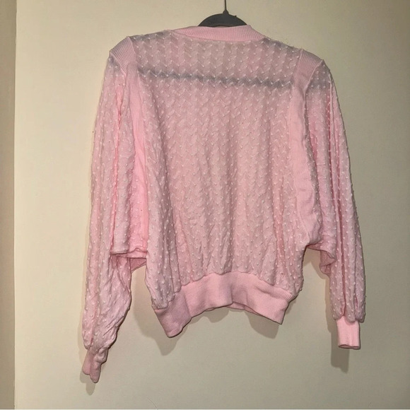 Women’s Vintage Retro Coquette  Singe Stitch Pink Eyelet Long Sleeve Sheer Top - Picture 11 of 14
